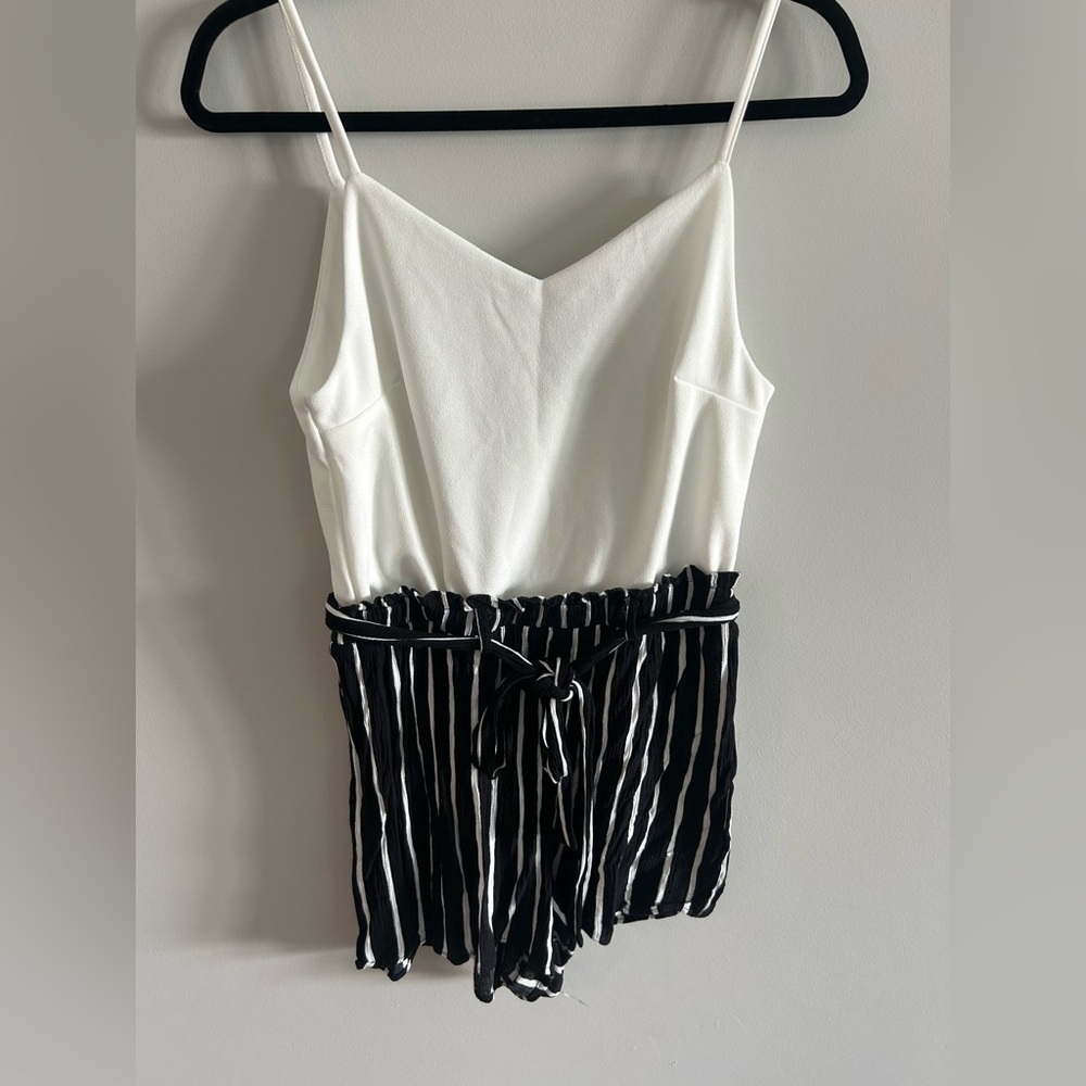 Women’s Spaghetti Strap White Tank and White and Black Striped Romper medium
